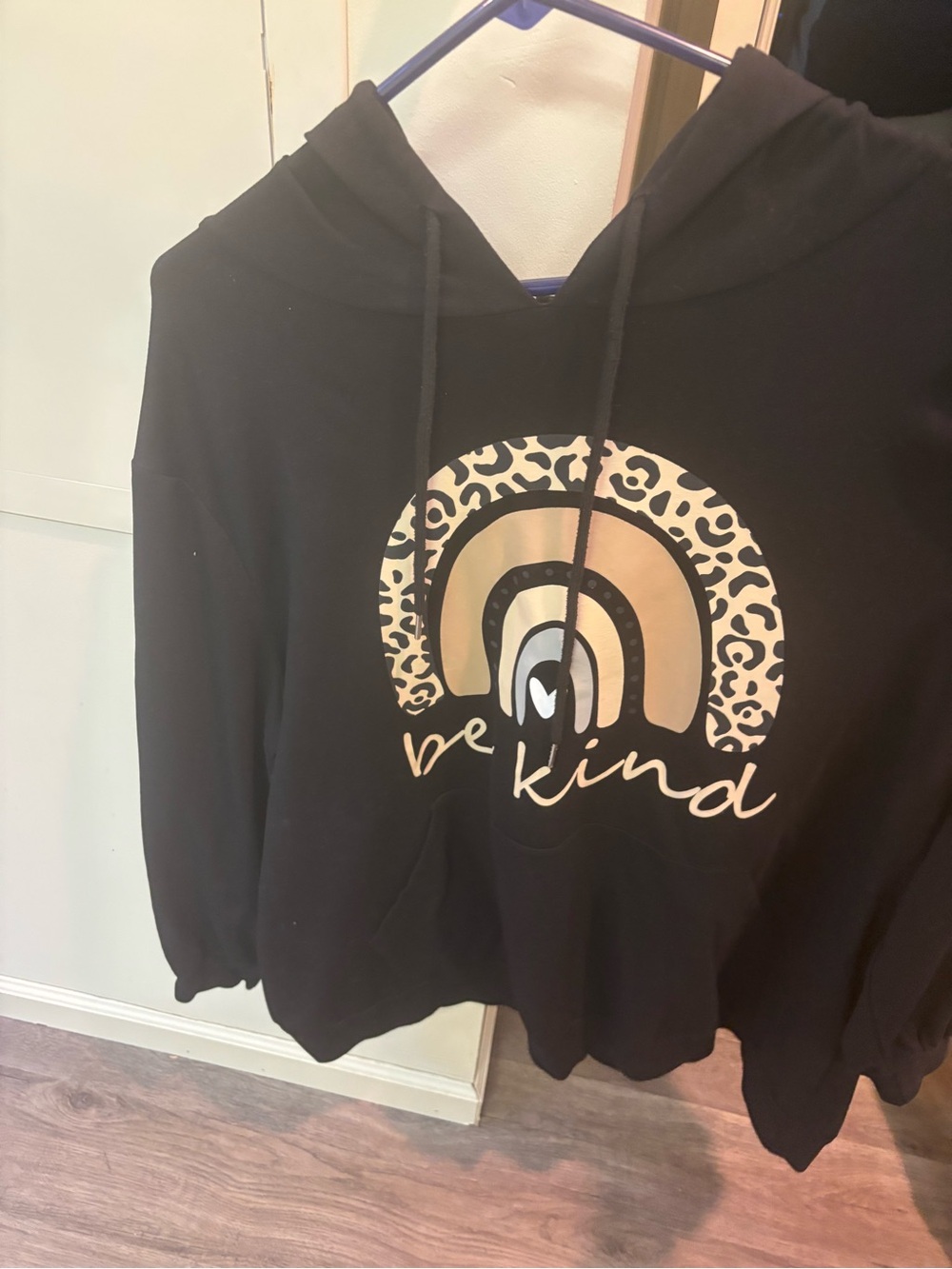 BloomChic Black Hoodie with Beige Leopard Rainbow "Be Kind"